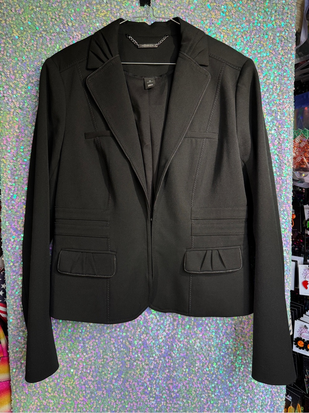 White House Black Market Black Blazer w. Ruching, Chain Mesh Piping, & Buckles